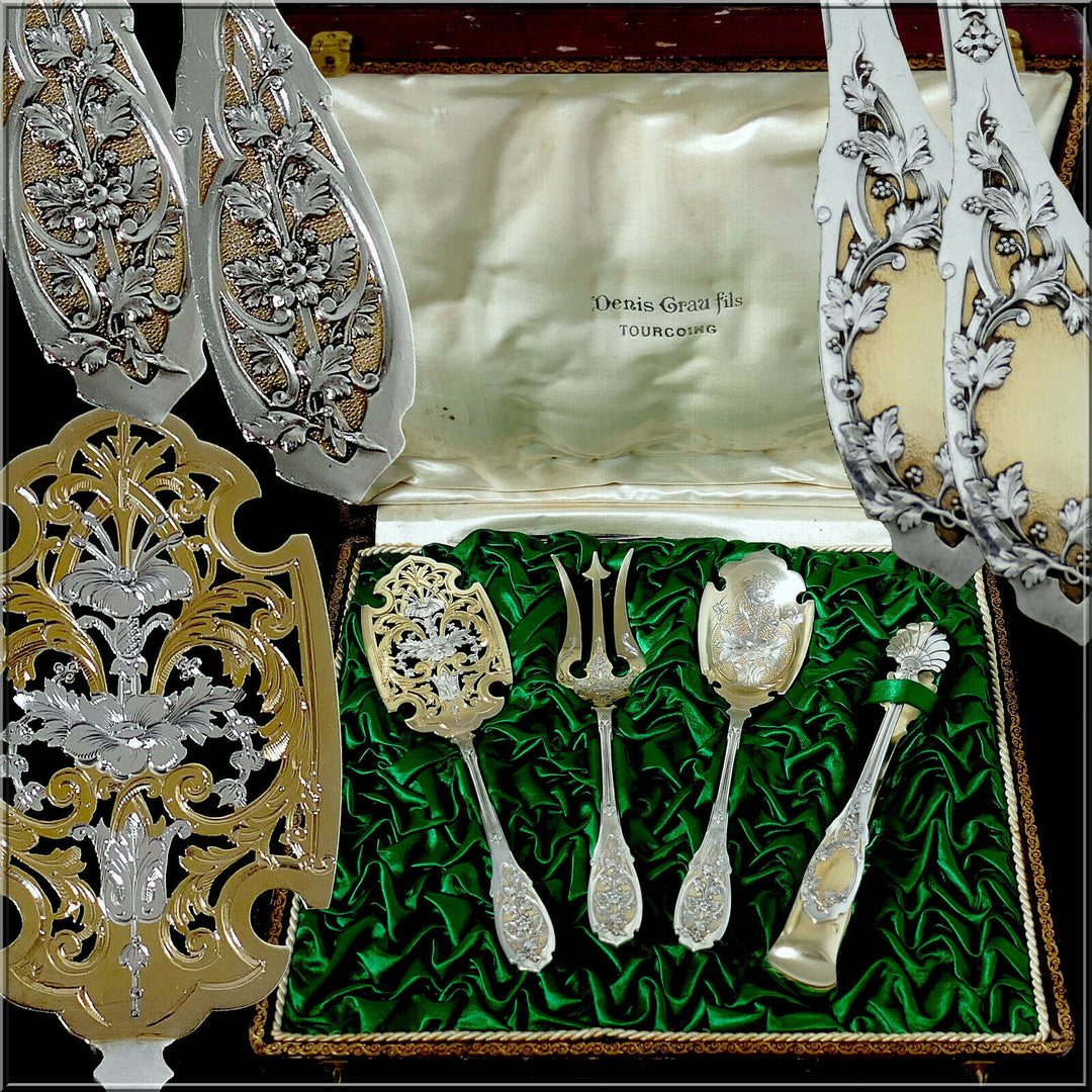 Puiforcat French Sterling Silver 18k Gold Dessert Set 4 Pc, Box, Moderne