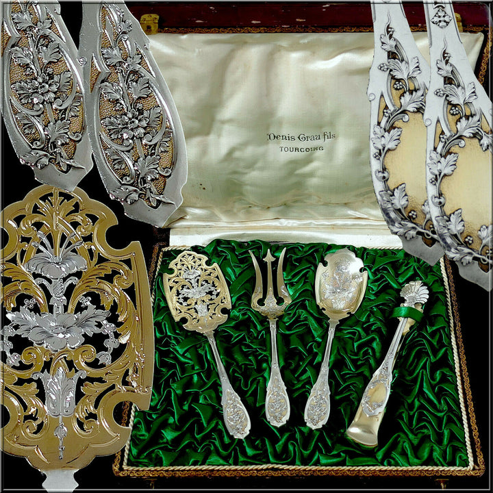 Puiforcat French Sterling Silver 18k Gold Dessert Set 4 Pc, Box, Moderne