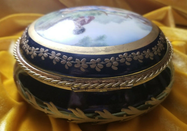 ANTIQUE FRENCH SEVRES PORCELAIN & BRONZE JEWERLY OR TRINKET BOX SIGNED BY ARTIST