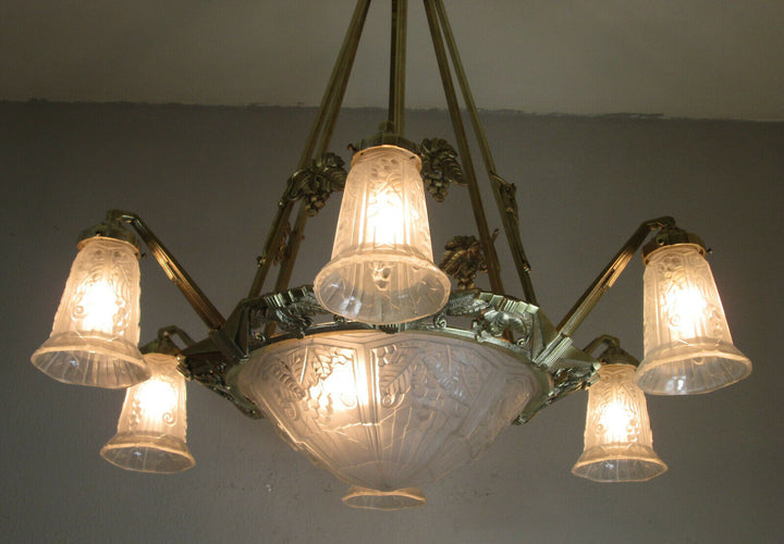 STUNNING FRENCH ART DECO CHANDELIER 1925 - BRONZE - SIGNED: P. MAYNADIER