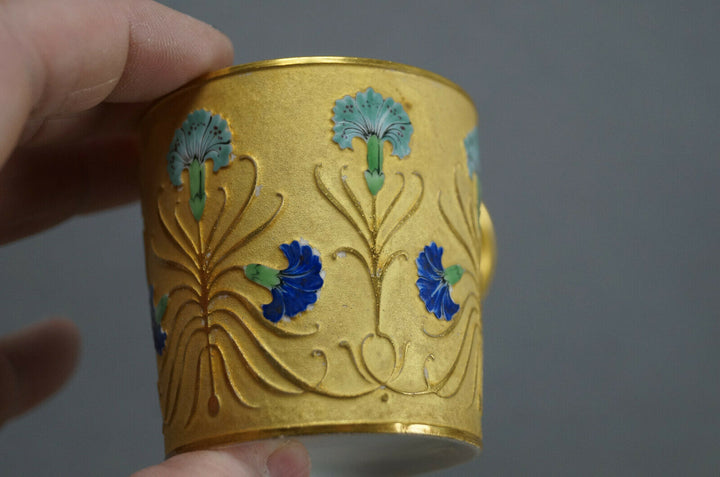 Antique French Hand Painted Blue Carnation Flower & Gold Demitasse Cup & Saucer