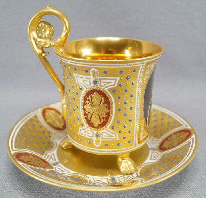 Dresden Hand Painted Wilhelm I Portrait Gold & Jeweled Empire Form Cup & Saucer