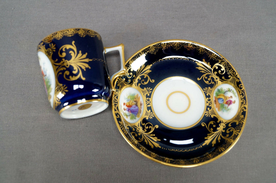 Richard Klemm Dresden Hand Painted Courting Couple Cobalt & Gold Demitasse Cup A