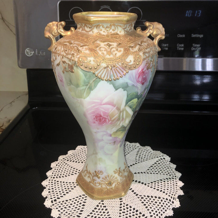 オールドノリタケ　メイプルリーフ印　ピンクローズと金彩の高級花瓶