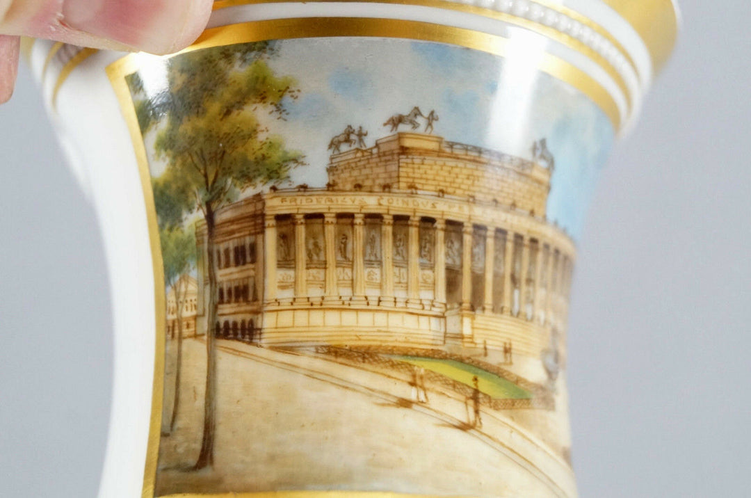 KPM Berlin Hand Painted WWI Altes Museum & Gold Snake Handle Empire Form Cup