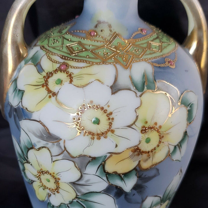 ANTIQUE NIPPON MORIMURA HAND PAINTED GOLD BEADED VASE W/HANDLES & FLORAL MOTIF