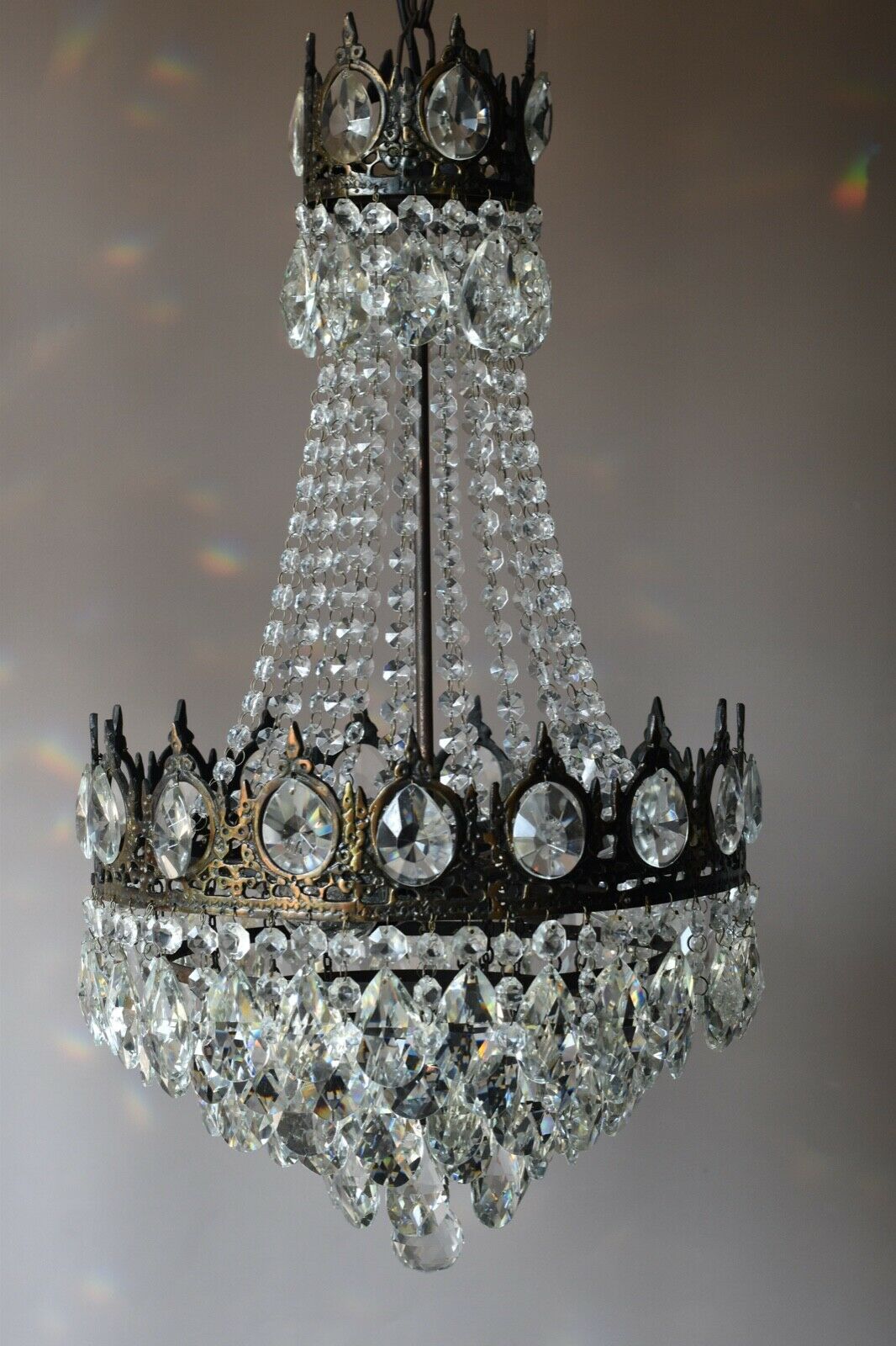 Two Antique Vintage Crystal Chandeliers in Bronze, Ceiling Lighting, pendants