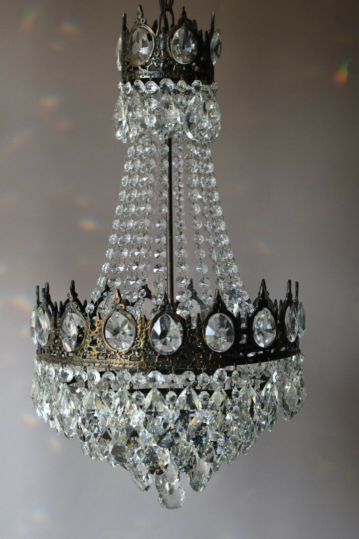 Two Antique Vintage Crystal Chandeliers in Bronze, Ceiling Lighting, pendants