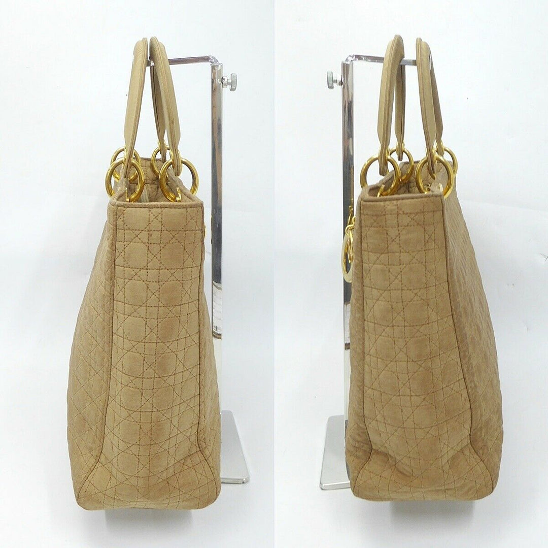 Auth Christian Dior Lady Cannage Hand Bag Nylon Leather Beige Vintage