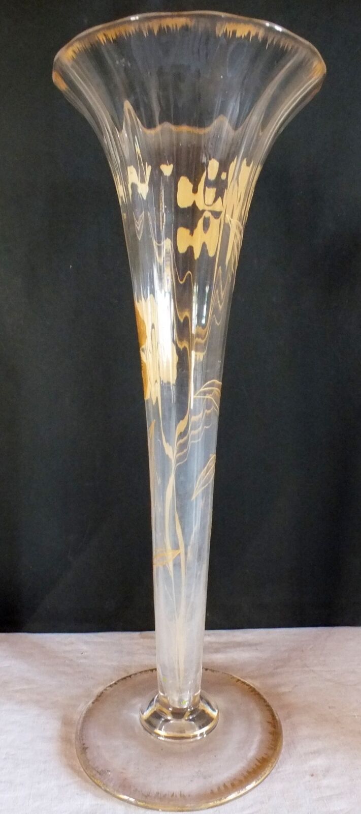 Grand Vase Art Nouveau Cornet Emaille Or Baccarat