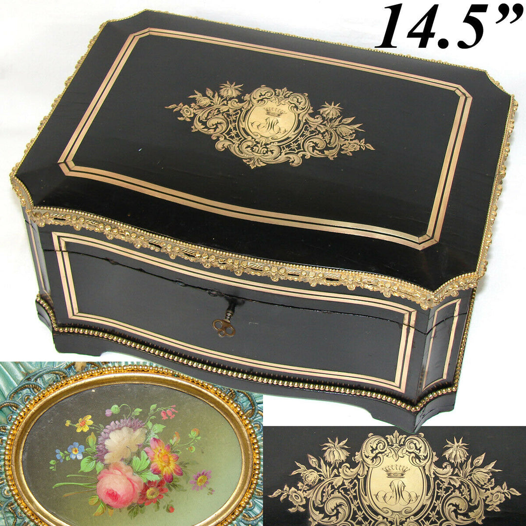 LG Antique French 14.5" Jewelry or Sewing Chest, Boulle, Crown Monogram, Tahan?