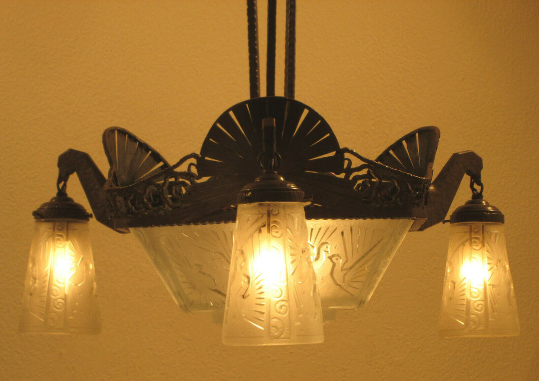 STUNNING FRENCH ART DECO CHANDELIER 1925-PEACOCKS-BY MULLER FRERES LUNEVILLE