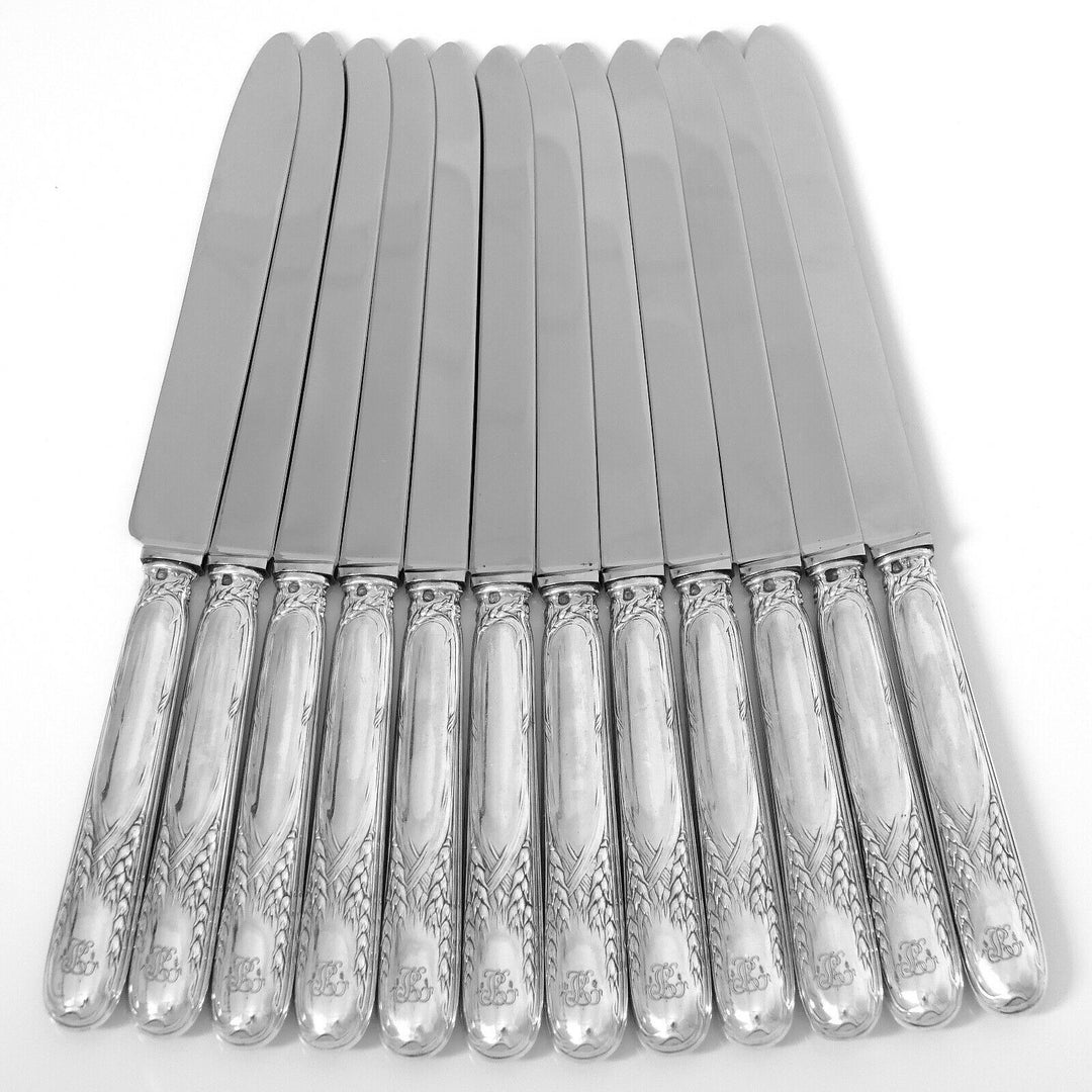 Puiforcat Rare French Sterling Silver Dinner Knife Set 12 Pc, Wheat, Art Nouveau