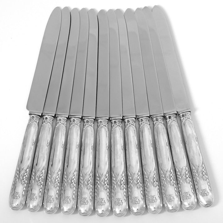 Puiforcat Rare French Sterling Silver Dinner Knife Set 12 Pc, Wheat, Art Nouveau