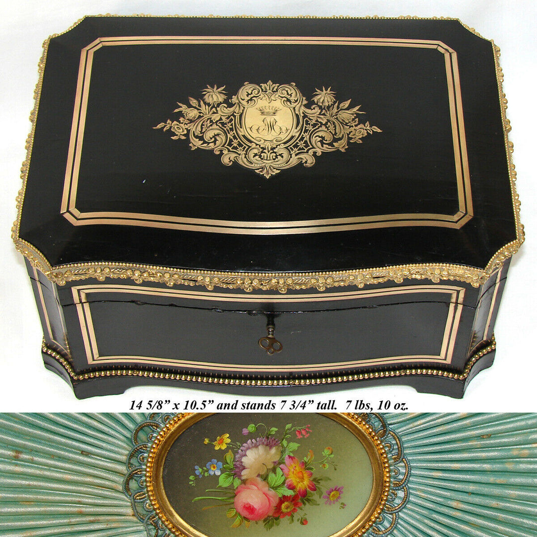LG Antique French 14.5" Jewelry or Sewing Chest, Boulle, Crown Monogram, Tahan?