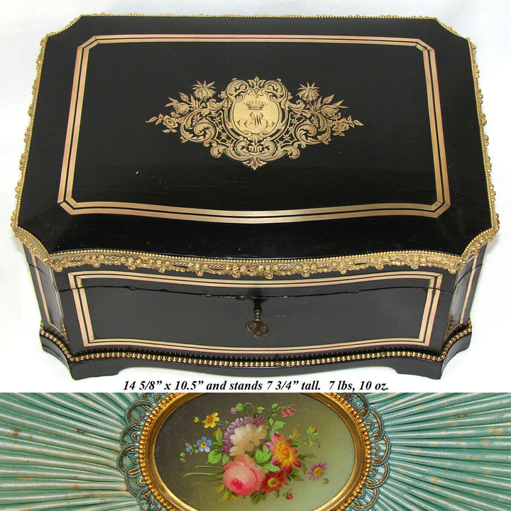 LG Antique French 14.5" Jewelry or Sewing Chest, Boulle, Crown Monogram, Tahan?