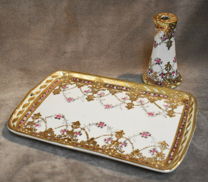 1911-1921 Nippon Morimura Bros Gold Moriage Hat Pin Holder & Vanity Tray