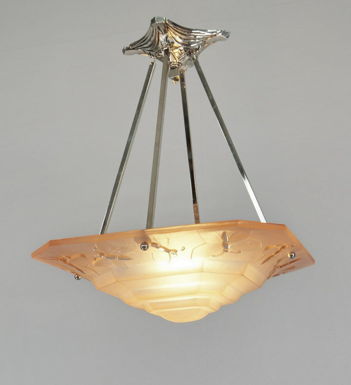 DEGUE : FRENCH 1930 ART DECO CHANDELIER .. butterflies . pendant lamp muller era