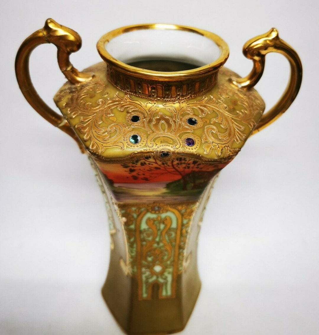 Antique Noritake Two Handled Pedestal Vase Gilted & Jewelled c1906 Art Nouveau