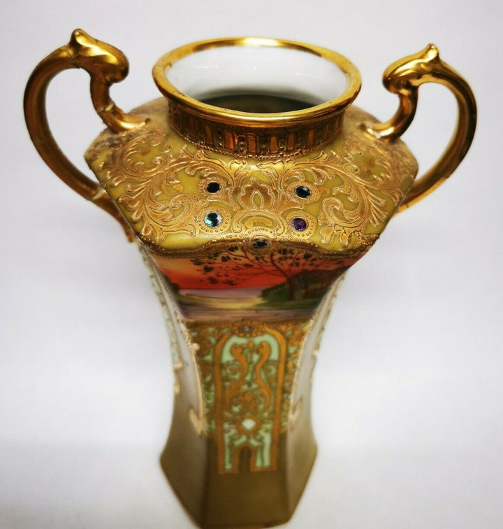 Antique Noritake Two Handled Pedestal Vase Gilted & Jewelled c1906 Art Nouveau