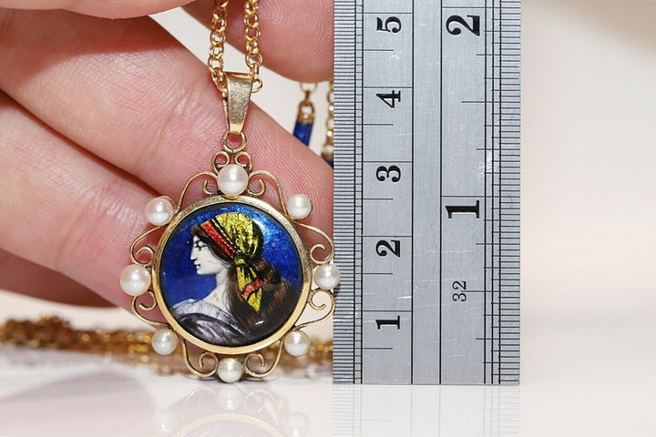 ヴィンテージ 14K エナメル パール 女性像のネックレス
