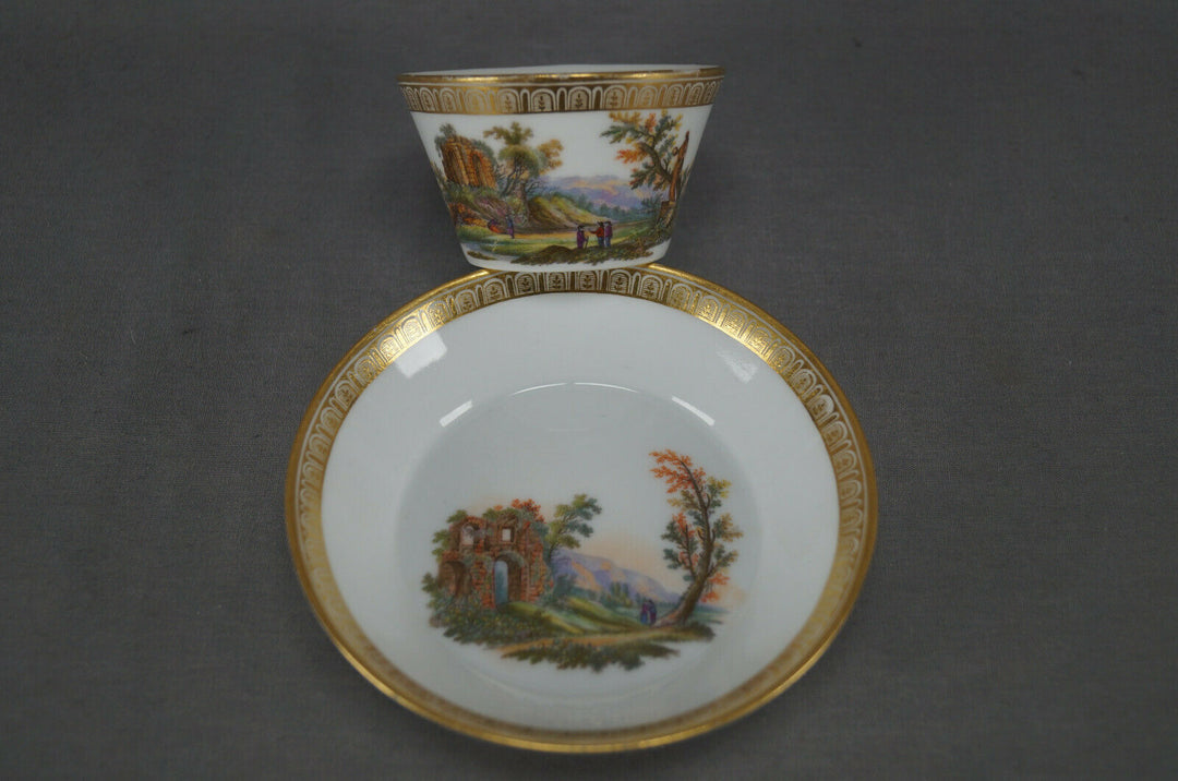 KPM Berlin Hand Painted People & Ruins Scene & Gold Tea Cup & Saucer C 1780-1800