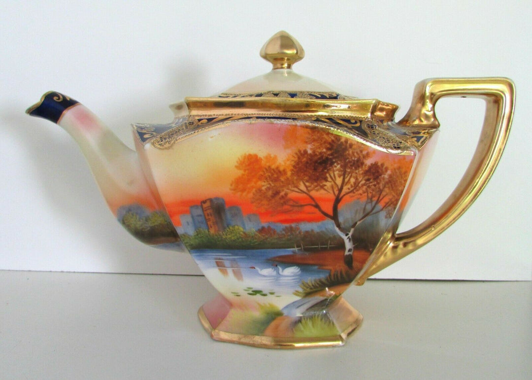 ANTIQUE NORITAKE JAPAN ART DECO CHINA PORCELAIN GILDED SCENIC PAINTED TEA POT
