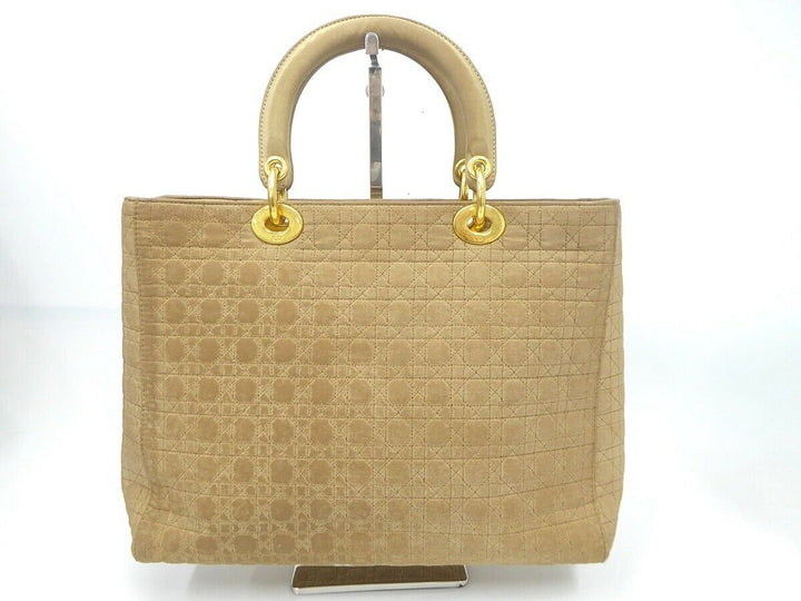 Auth Christian Dior Lady Cannage Hand Bag Nylon Leather Beige Vintage