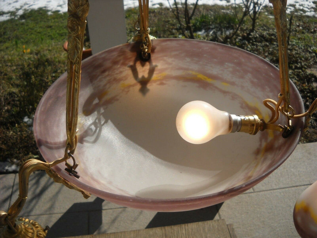 MULLER FRERES ( Croismare ) Deckenlampe Pate de verre Messing