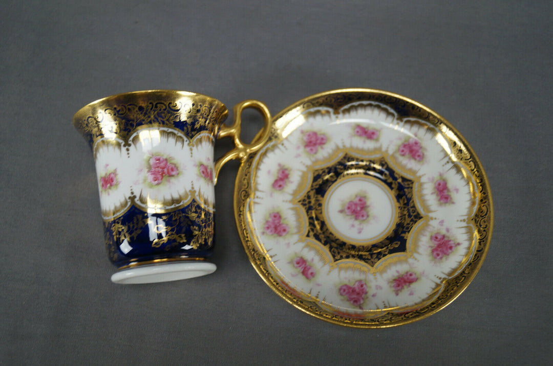 Paragon Pink Roses Cobalt & Gold Empire Form Chocolate Cup & Saucer Circa 1907