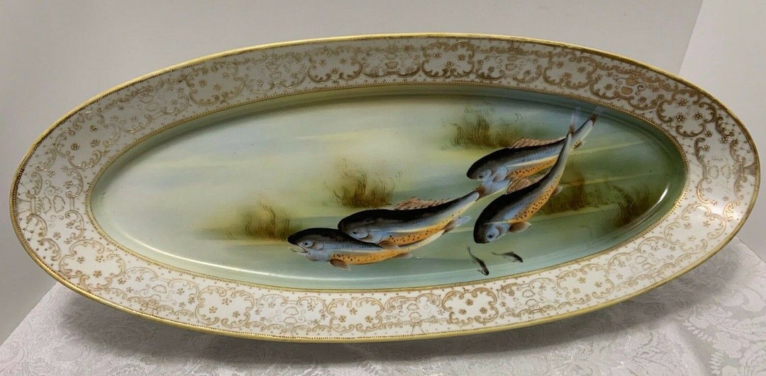 Nippon FISH PLATTER Hand Painted Morimura Bros 23" Gold Beaded Rim Antique Oval