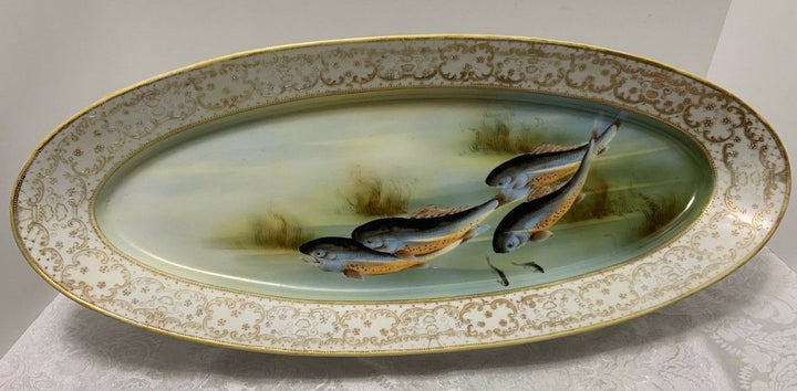 Nippon FISH PLATTER Hand Painted Morimura Bros 23" Gold Beaded Rim Antique Oval