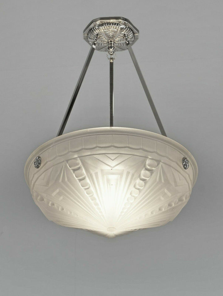 MULLER FRERES : FRENCH 1930 ART DECO PENDANT CHANDELIER ... lamp plated bronze