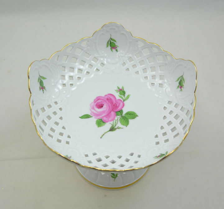 マイセン(Meissen)　脚付きコンポート　ピンクローズ　透かし皿　白磁　1級品