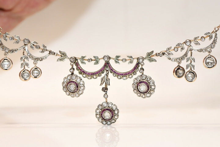 アンティーク オスマン 8K ナチュラルダイヤモンドとルビーのネックレス