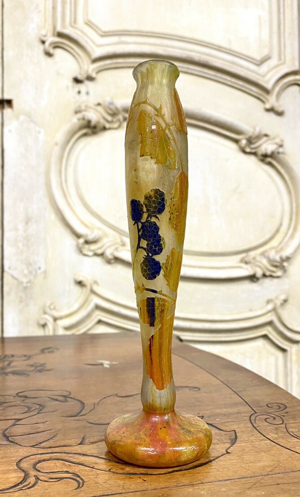 Daum Nancy - Vase Aux Mûres En Verre Multicouche, Pate De Verre Art Nouveau