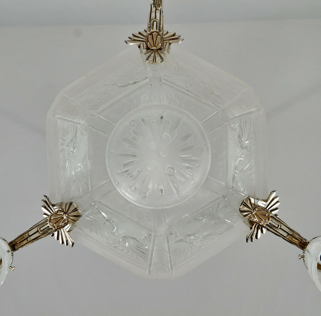 MULLER FRERES : FRENCH ART DECO CHANDELIER 1930 ... peacock bronze lustre paon