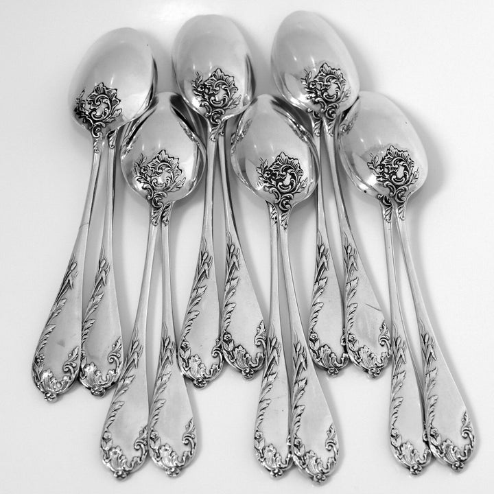 Debain French Sterling Silver Tea Coffee Spoons Set 12 pc, Art Nouveau