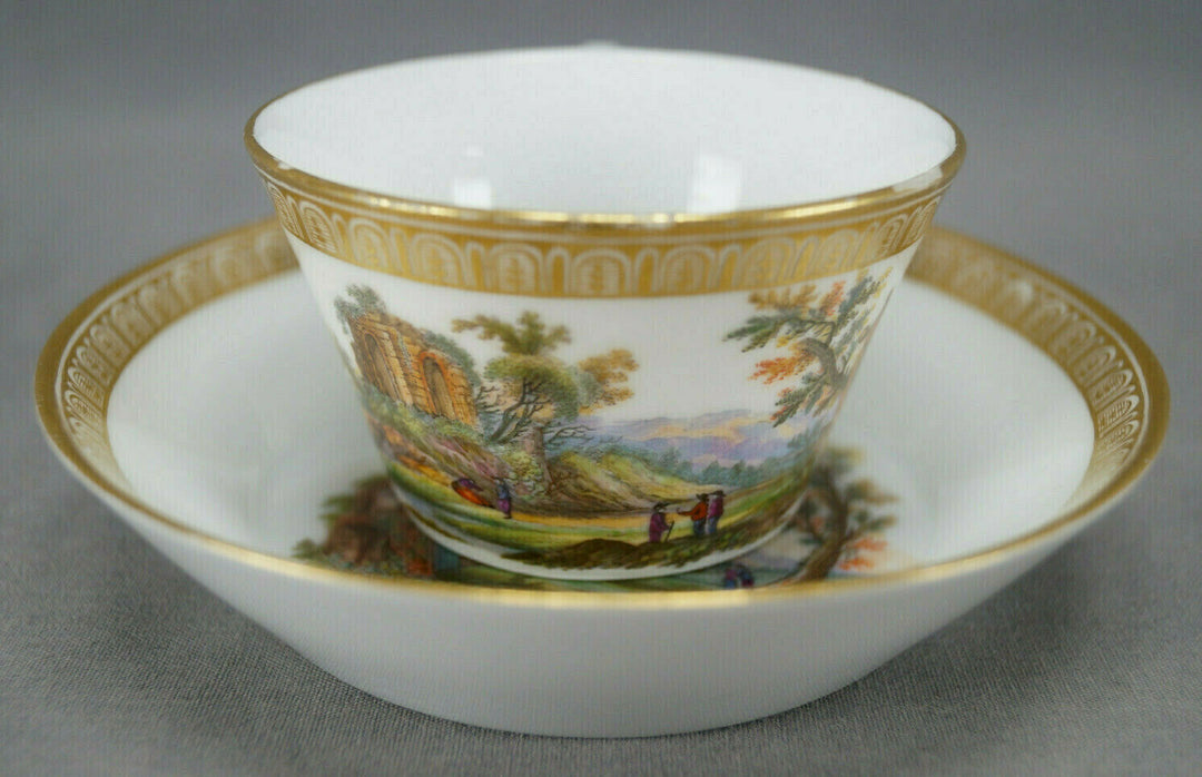 KPM Berlin Hand Painted People & Ruins Scene & Gold Tea Cup & Saucer C 1780-1800