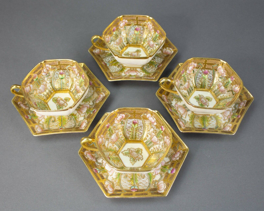 Nippon Hand Painted Embellished Gold Moriage Floral Tea Cups Saucers Rare Set 4