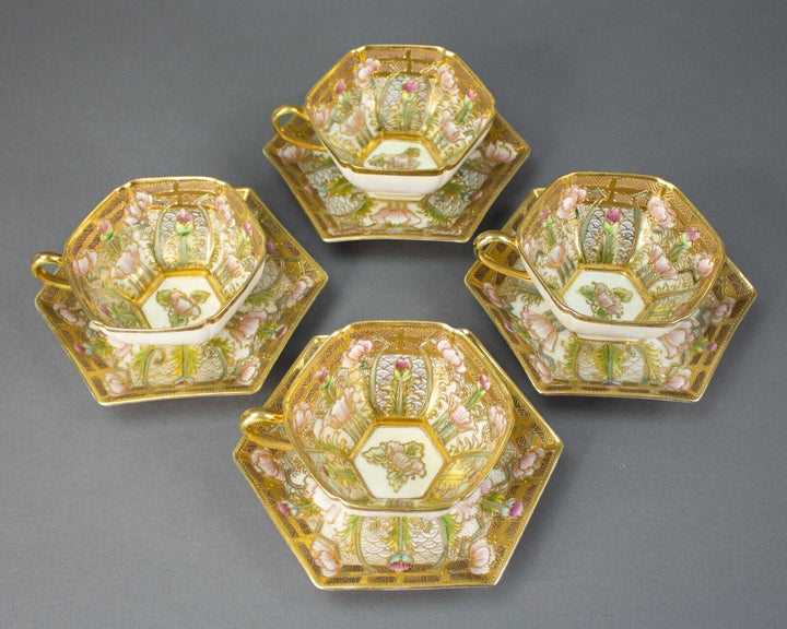 Nippon Hand Painted Embellished Gold Moriage Floral Tea Cups Saucers Rare Set 4