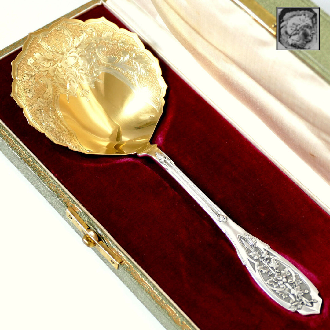 Puiforcat French Sterling Silver 18k Gold Strawberry Spoon w/box, Moderne