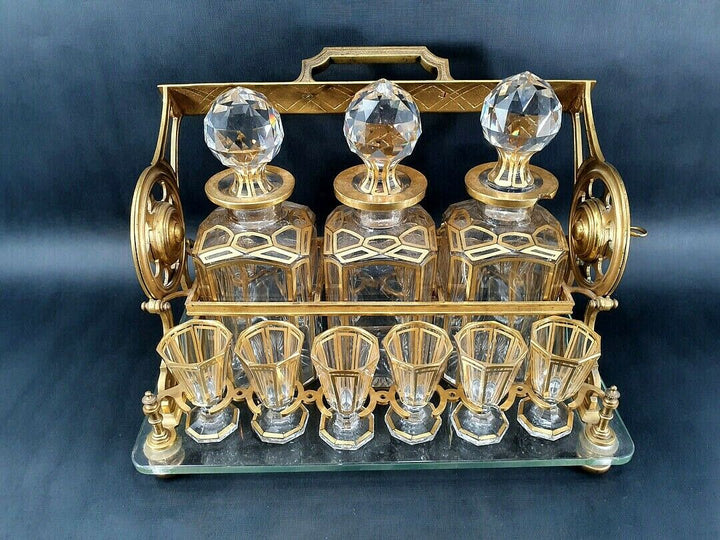 RARE ANTIQUE BACCARAT TANTALUS SIGNED FRENCH GILT BRONZE LIQUOR BOX CAVE LIQUEUR