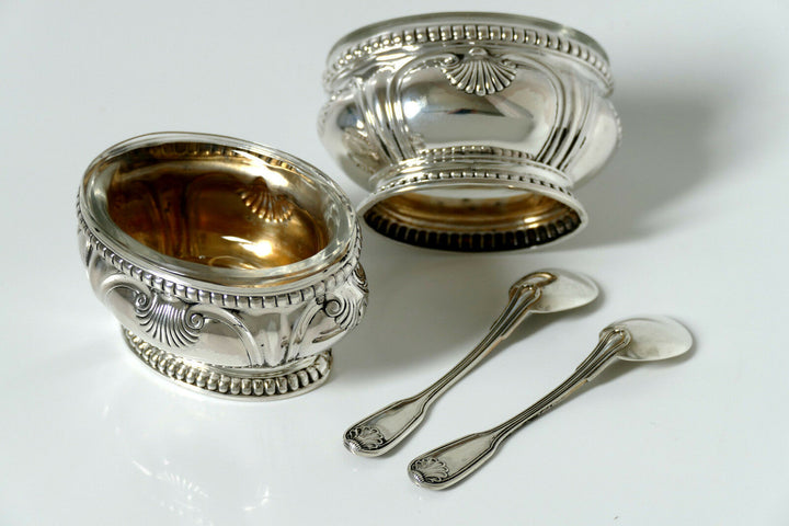 Puiforcat Gorgeous French Sterling Silver 18K Gold Salt Cellars Pair w/spoons