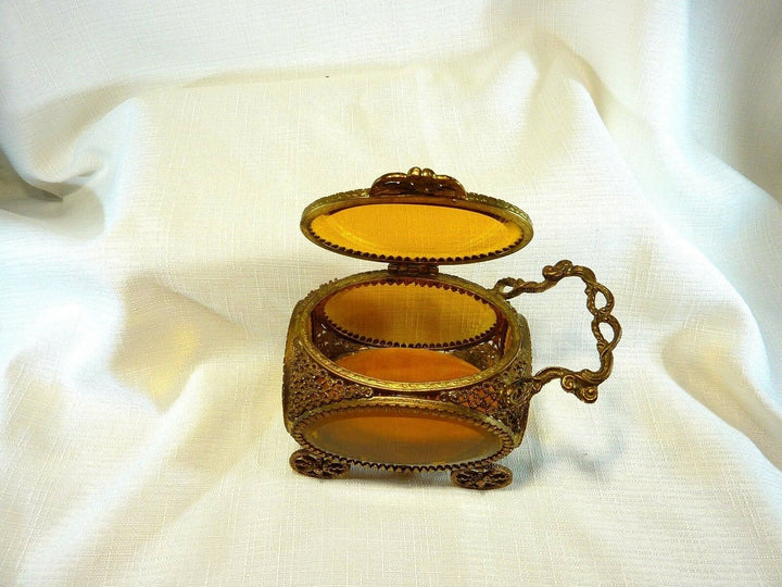 Vintage Ormolu 24k Gold Plate Amber Colour Beveled Glass Jewel Casket