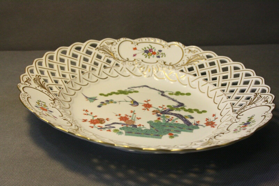 GROßER 28,5CM PRUNK TELLER FELS,AST,BLUMEN VOGEL MALEREI KAKIEMON MEISSEN 1.WAHL