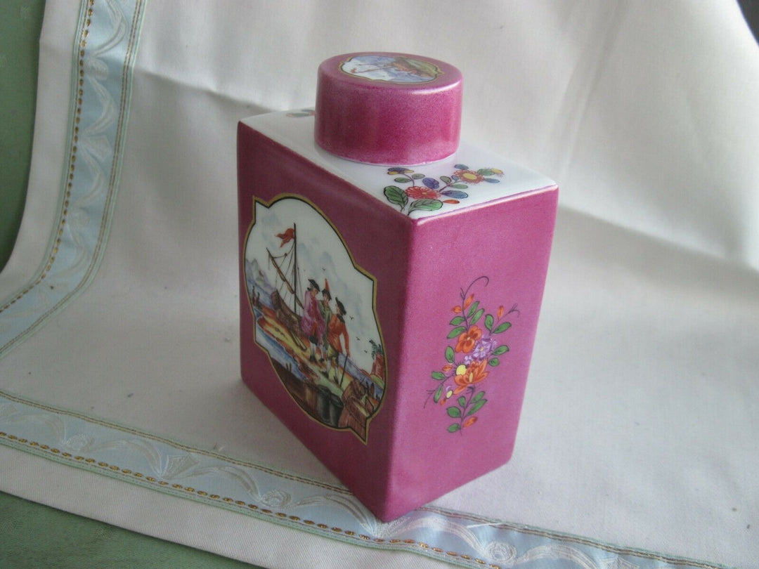 Schöne Meissen Teedose mit vielen Indischen Blumen und Handels-Szenen