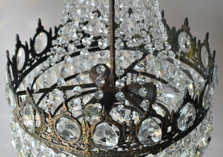 Two Antique Vintage Crystal Chandeliers in Bronze, Ceiling Lighting, pendants