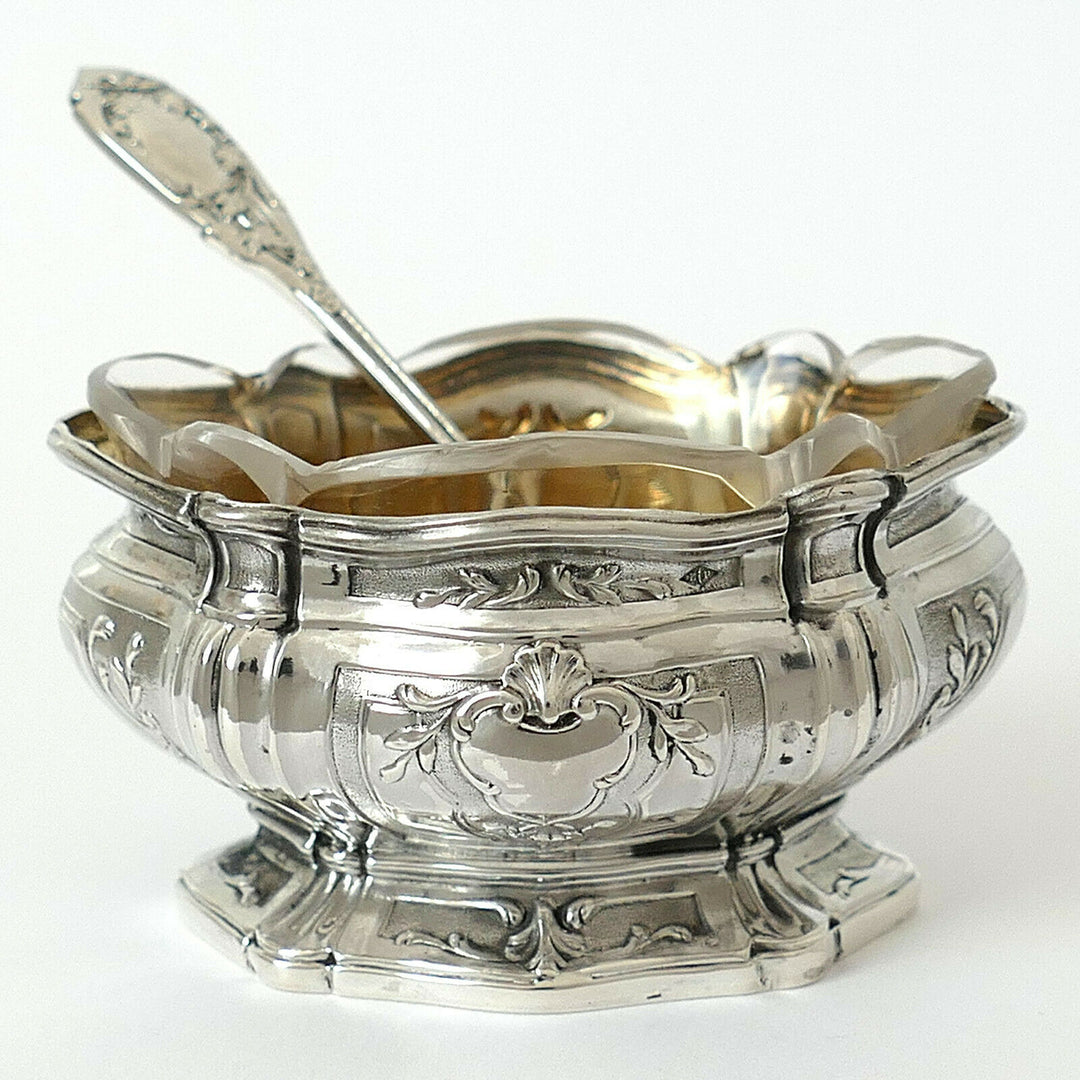Puiforcat French Sterling Silver Salt Cellars Pair, Spoons, Box,