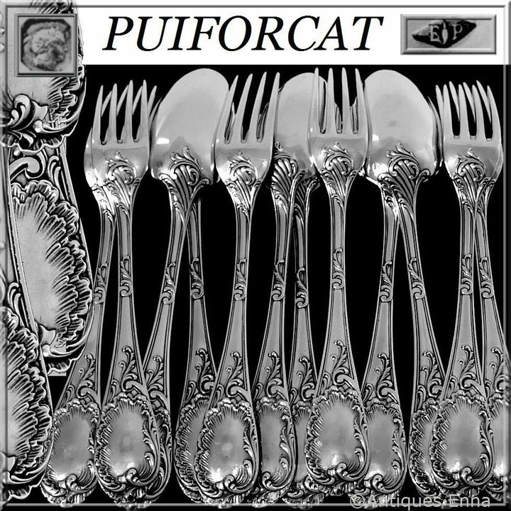 Puiforcat Fabulous French Sterling Silver Dinner Flatware Set 12 pc Rococo